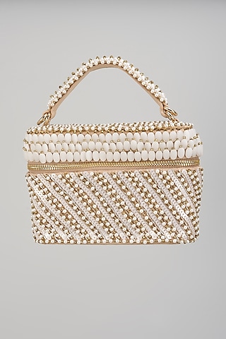 White Suede Stone Work Cube Bag by Forever Noor