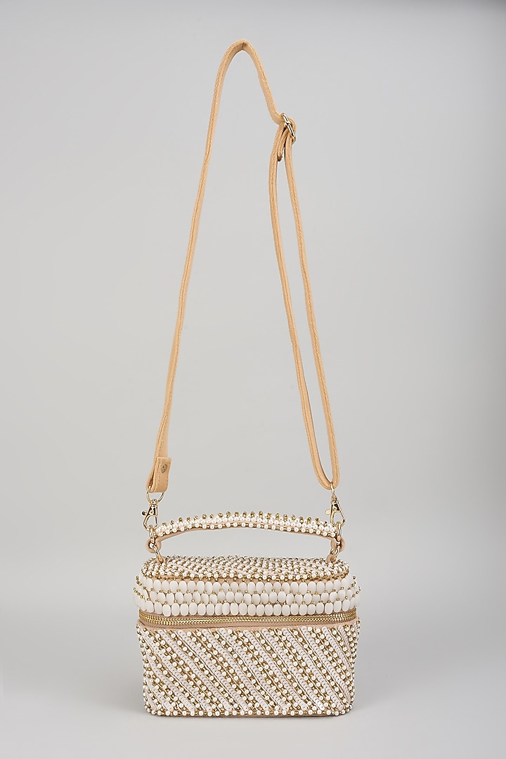 White Suede Stone Work Cube Bag by Forever Noor at Pernia's Pop Up Shop