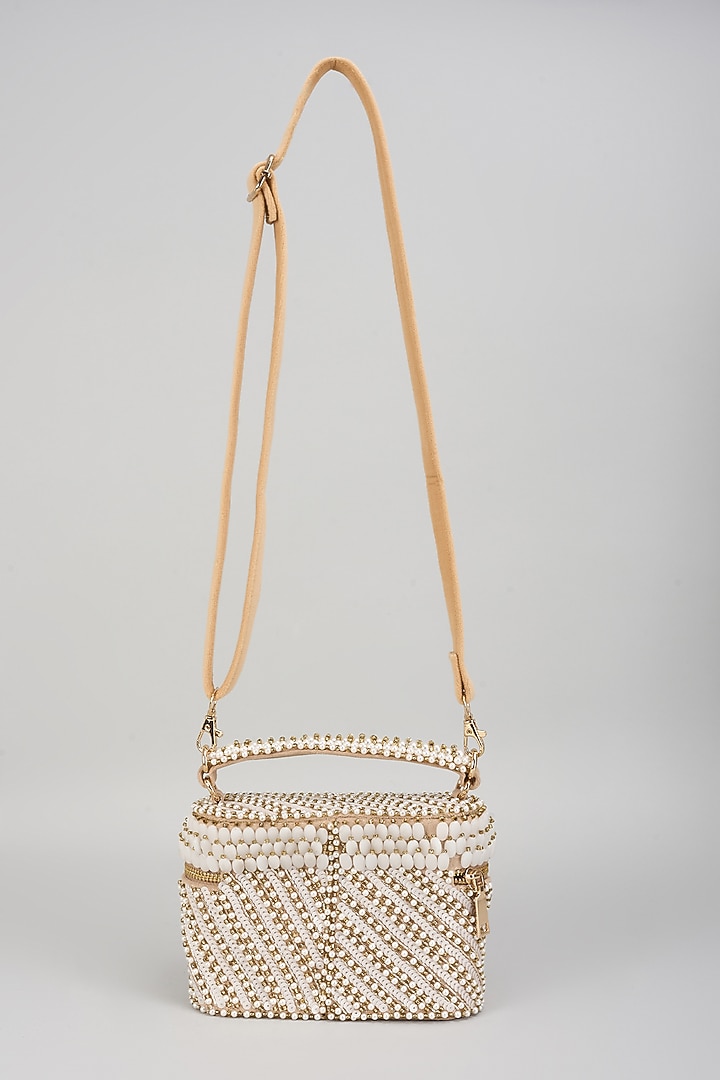 White Suede Stone Work Cube Bag by Forever Noor at Pernia's Pop Up Shop