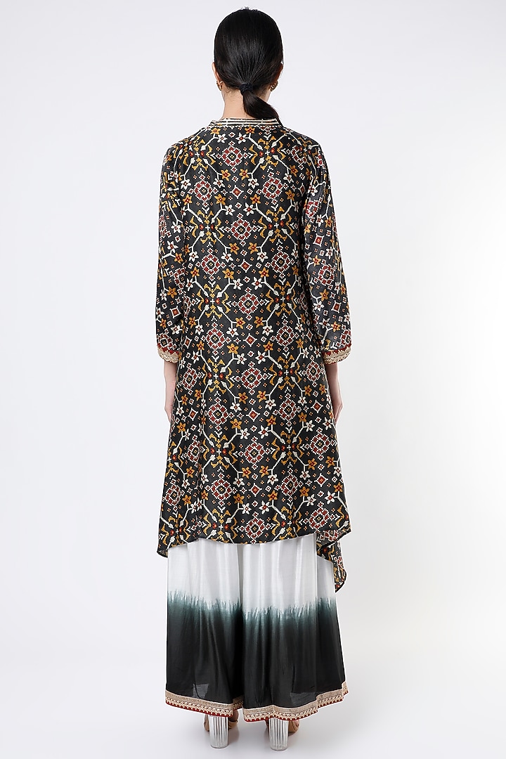 Black Muslin Satin Cross-Cut Patola Kurta by ILAPTI at Pernia's Pop Up Shop