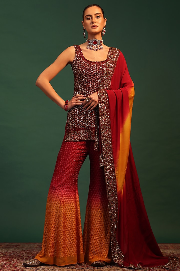 Red Ombre Lace Embroidered Sharara Set by World Of Folklore