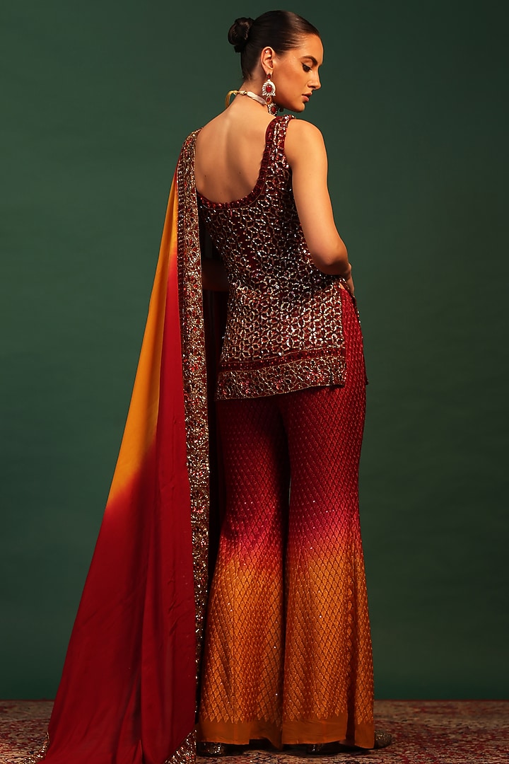 Red Ombre Lace Embroidered Wedding Sharara Set by World Of Folklore at Pernia's Pop Up Shop