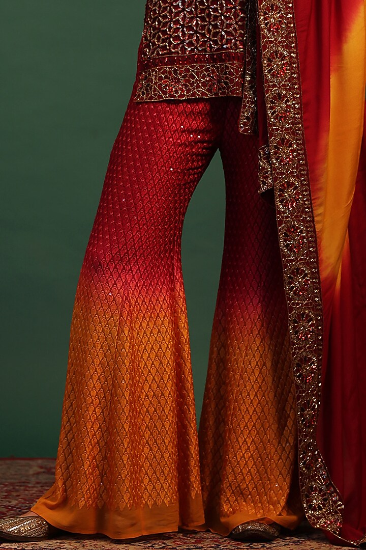 Red Ombre Lace Embroidered Wedding Sharara Set by World Of Folklore at Pernia's Pop Up Shop