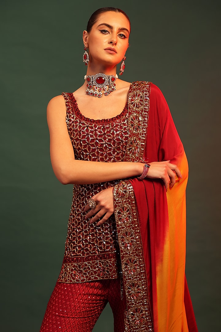 Red Ombre Lace Embroidered Wedding Sharara Set by World Of Folklore at Pernia's Pop Up Shop