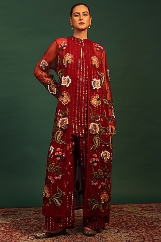 Red Net Floral Motif Embroidered Jacket Set by World Of Folklore