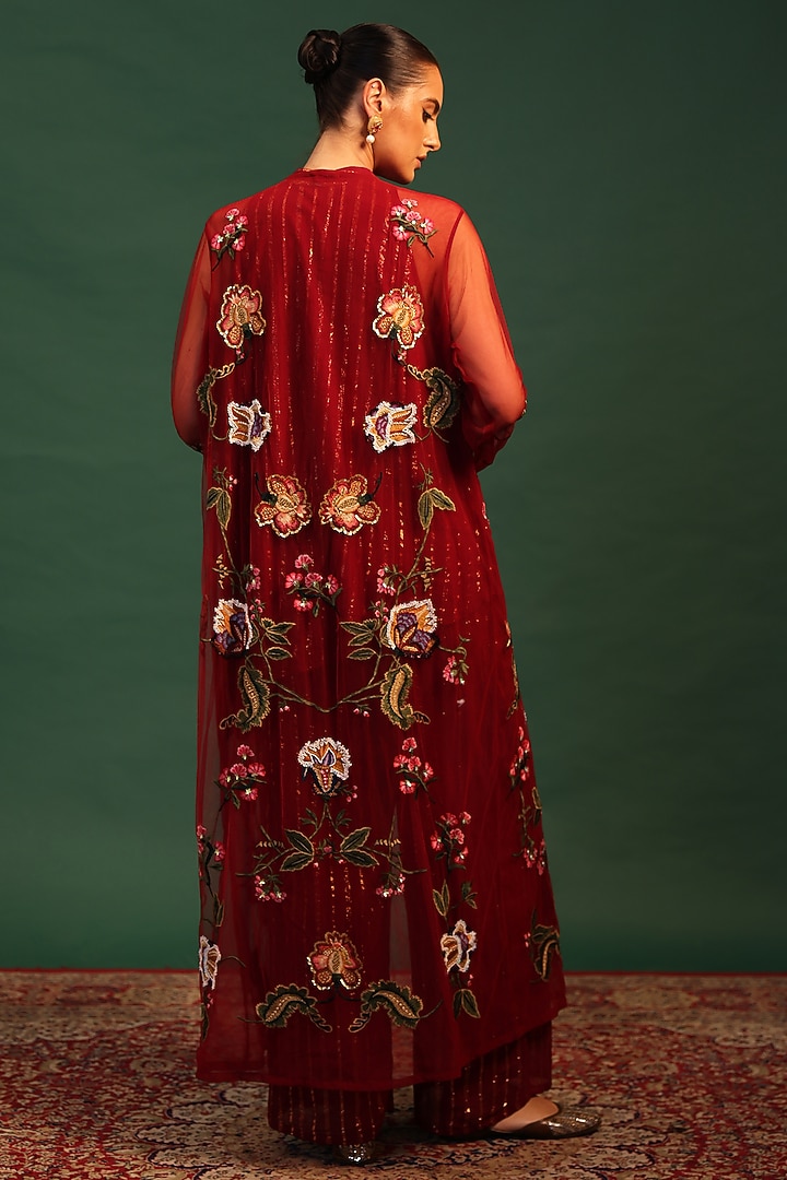 Red Net Floral Motif Embroidered Jacket Set by World Of Folklore at Pernia's Pop Up Shop