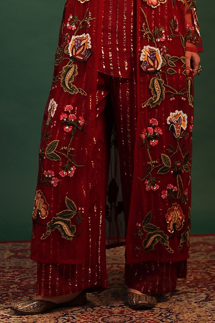 Red Net Floral Motif Embroidered Jacket Set by World Of Folklore at Pernia's Pop Up Shop