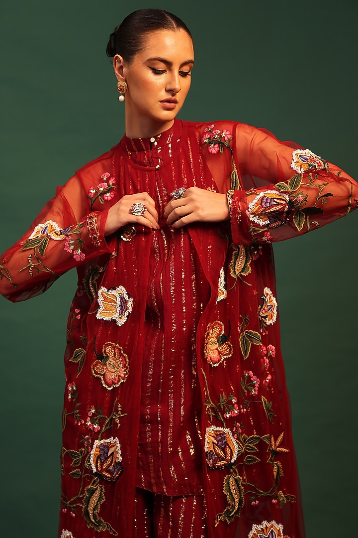 Red Net Floral Motif Embroidered Jacket Set by World Of Folklore at Pernia's Pop Up Shop