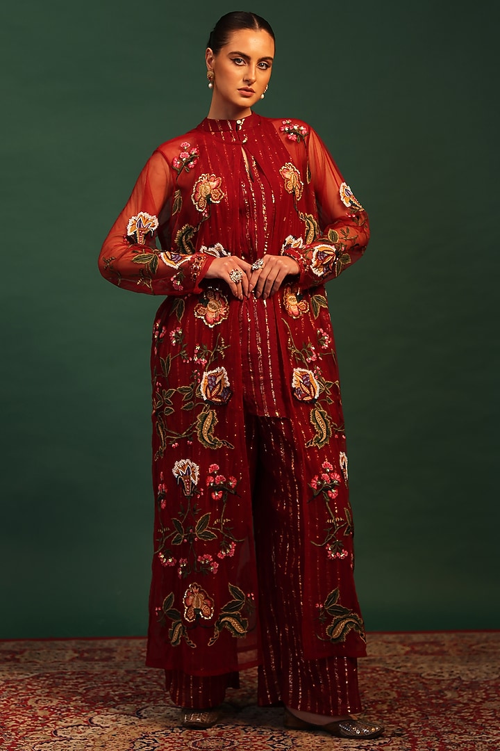Red Net Floral Motif Embroidered Jacket Set by World Of Folklore at Pernia's Pop Up Shop