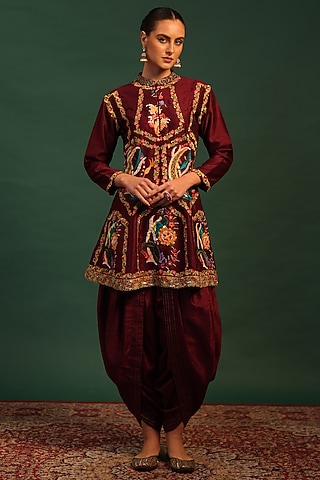 Wine Raw Silk Dhoti Set by World Of Folklore