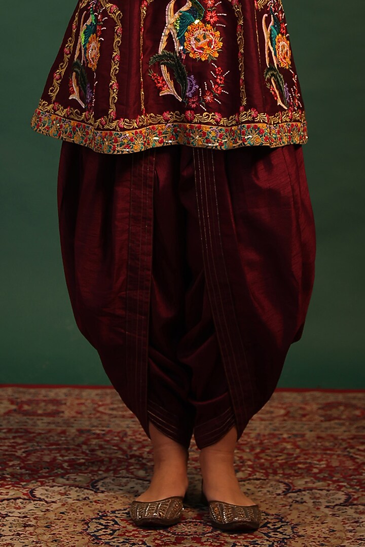 Wine Raw Silk Dhoti Set by World Of Folklore at Pernia's Pop Up Shop