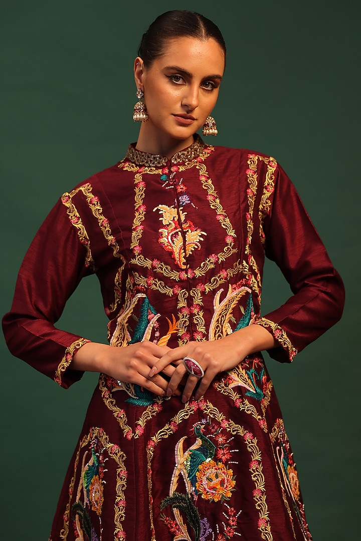 Wine Raw Silk Dhoti Set by World Of Folklore at Pernia's Pop Up Shop