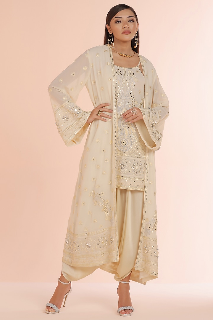 Ivory Georgette Mirror & Dori Embroidered Jacket Set by World Of Folklore