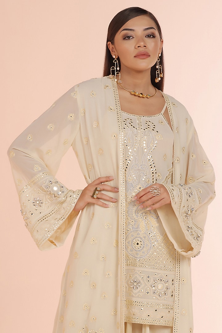 Ivory Georgette Mirror & Dori Embroidered Jacket Set by World Of Folklore at Pernia's Pop Up Shop