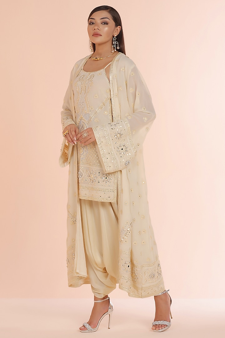 Ivory Georgette Mirror & Dori Embroidered Jacket Set by World Of Folklore at Pernia's Pop Up Shop