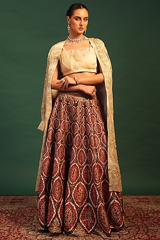 Multi-Colored Raw Silk & Georgette Paisley Printed Jacket Set by World Of Folklore