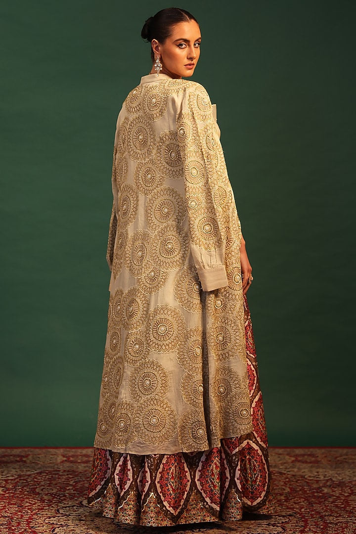 Multi-Colored Raw Silk & Georgette Paisley Printed Jacket Set by World Of Folklore at Pernia's Pop Up Shop