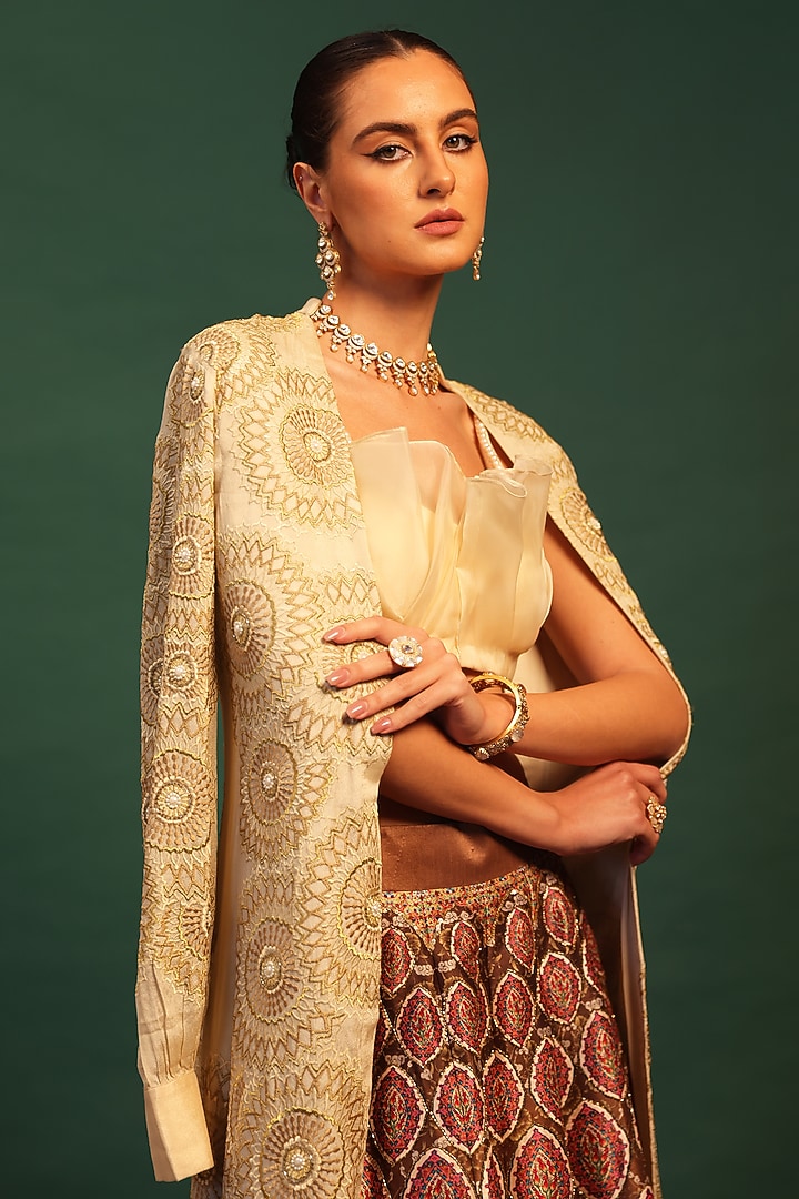 Multi-Colored Raw Silk & Georgette Paisley Printed Jacket Set by World Of Folklore at Pernia's Pop Up Shop