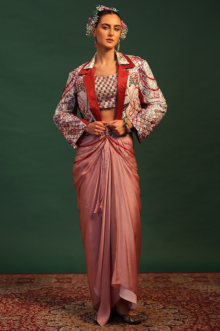 Pink Bemberg Silk Pre-Draped Dhoti Skirt Set by World Of Folklore