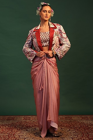 Pink Bemberg Silk Pre-Draped Dhoti Skirt Set by World Of Folklore