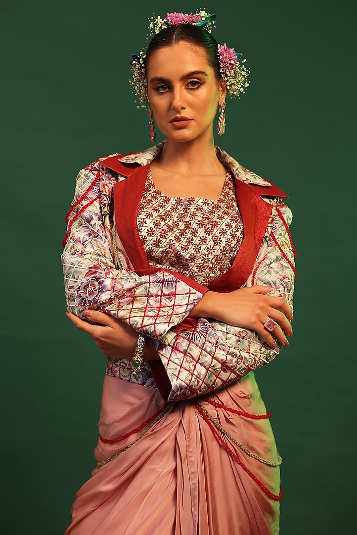 Pink Bemberg Silk Pre-Draped Dhoti Skirt Set by World Of Folklore at Pernia's Pop Up Shop
