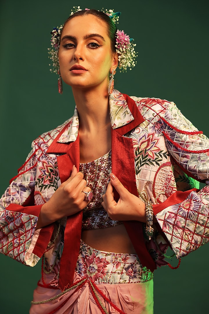 Pink Bemberg Silk Pre-Draped Dhoti Skirt Set by World Of Folklore at Pernia's Pop Up Shop