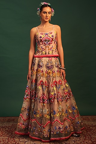 Pink Organza Floral Motif Embroidered Lehenga Set by World Of Folklore