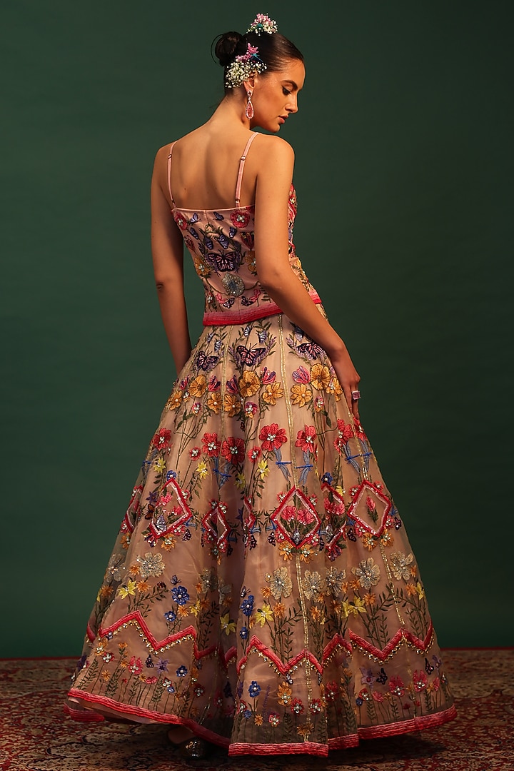 Pink Organza Floral Motif Embroidered Wedding Lehenga Set by World Of Folklore at Pernia's Pop Up Shop