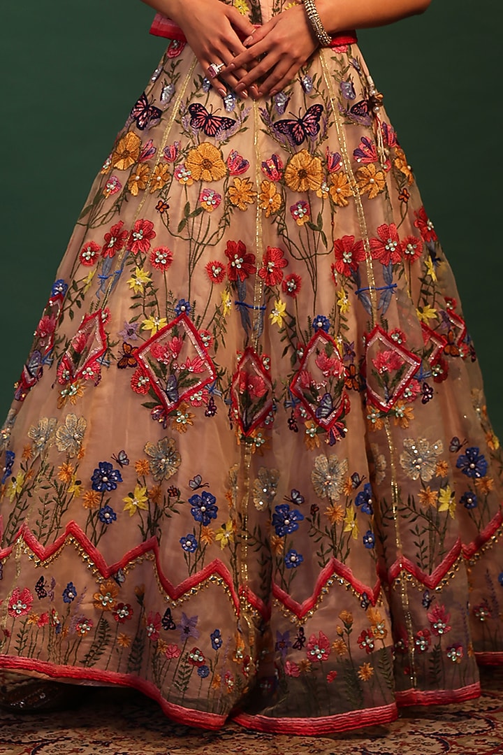 Pink Organza Floral Motif Embroidered Wedding Lehenga Set by World Of Folklore at Pernia's Pop Up Shop