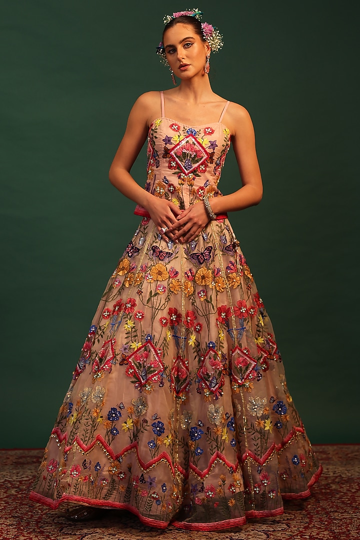 Pink Organza Floral Motif Embroidered Wedding Lehenga Set by World Of Folklore at Pernia's Pop Up Shop