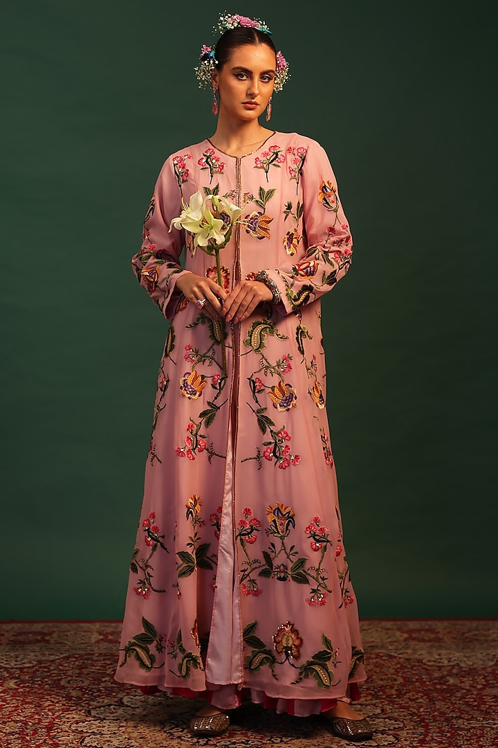 Pink Georgette Floral Motif Embroidered Jacket Set by World Of Folklore