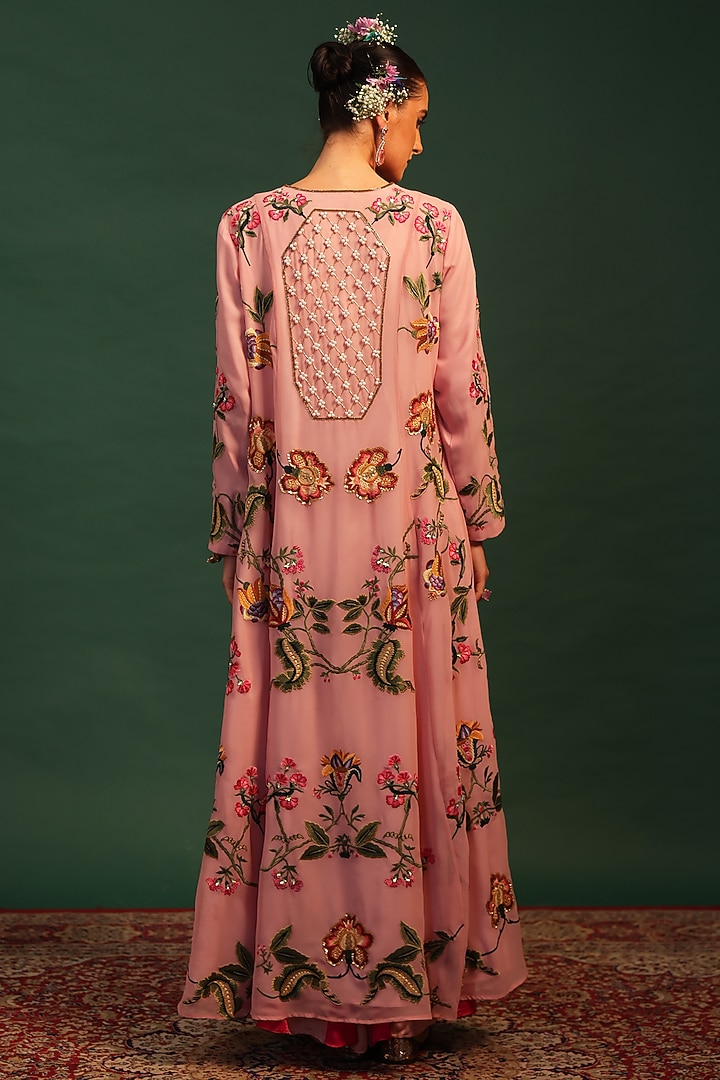 Pink Georgette Floral Motif Embroidered Jacket Set by World Of Folklore at Pernia's Pop Up Shop
