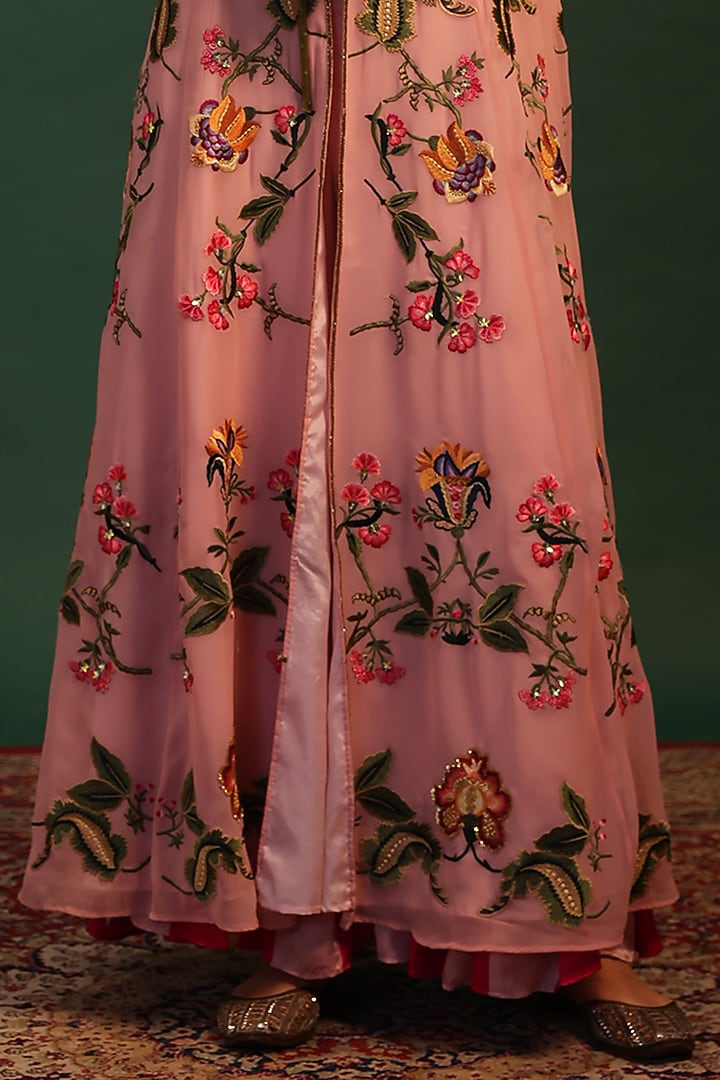 Pink Georgette Floral Motif Embroidered Jacket Set by World Of Folklore at Pernia's Pop Up Shop