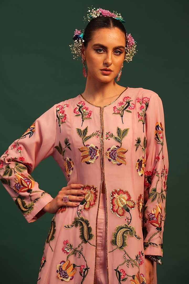 Pink Georgette Floral Motif Embroidered Jacket Set by World Of Folklore at Pernia's Pop Up Shop