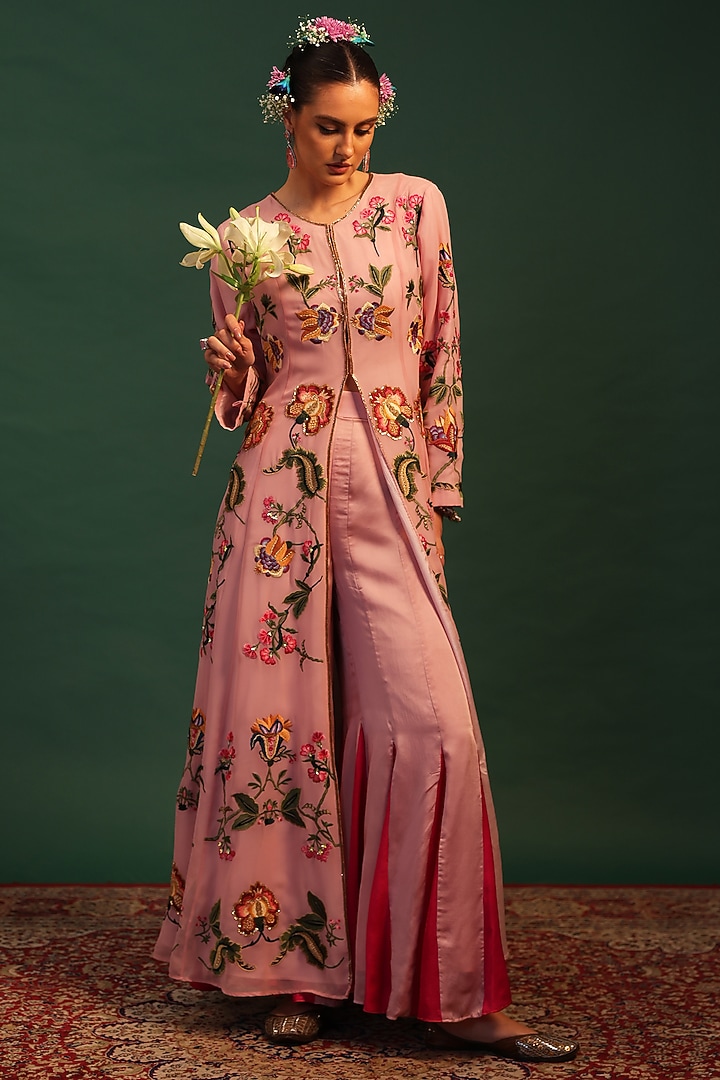Pink Georgette Floral Motif Embroidered Jacket Set by World Of Folklore at Pernia's Pop Up Shop