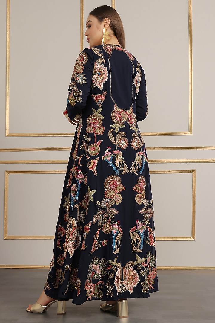 Navy Blue Georgette Floral Motif Embroidered Kalidar Jacket Set by World Of Folklore at Pernia's Pop Up Shop