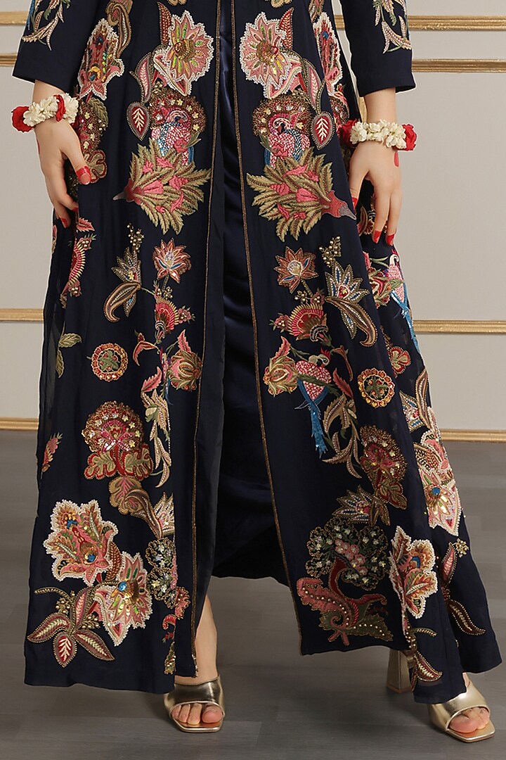 Navy Blue Georgette Floral Motif Embroidered Kalidar Jacket Set by World Of Folklore at Pernia's Pop Up Shop