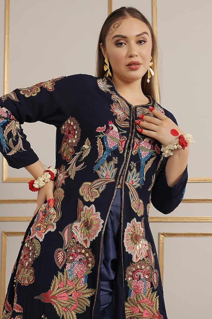 Navy Blue Georgette Floral Motif Embroidered Kalidar Jacket Set by World Of Folklore at Pernia's Pop Up Shop