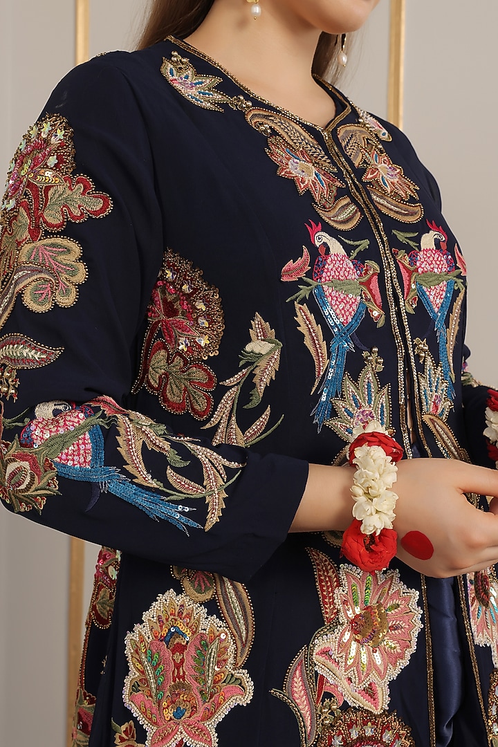 Navy Blue Georgette Floral Motif Embroidered Kalidar Jacket Set by World Of Folklore at Pernia's Pop Up Shop