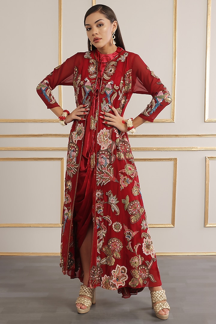 Red Georgette Floral Embroidered Kalidar Jacket Set by World Of Folklore