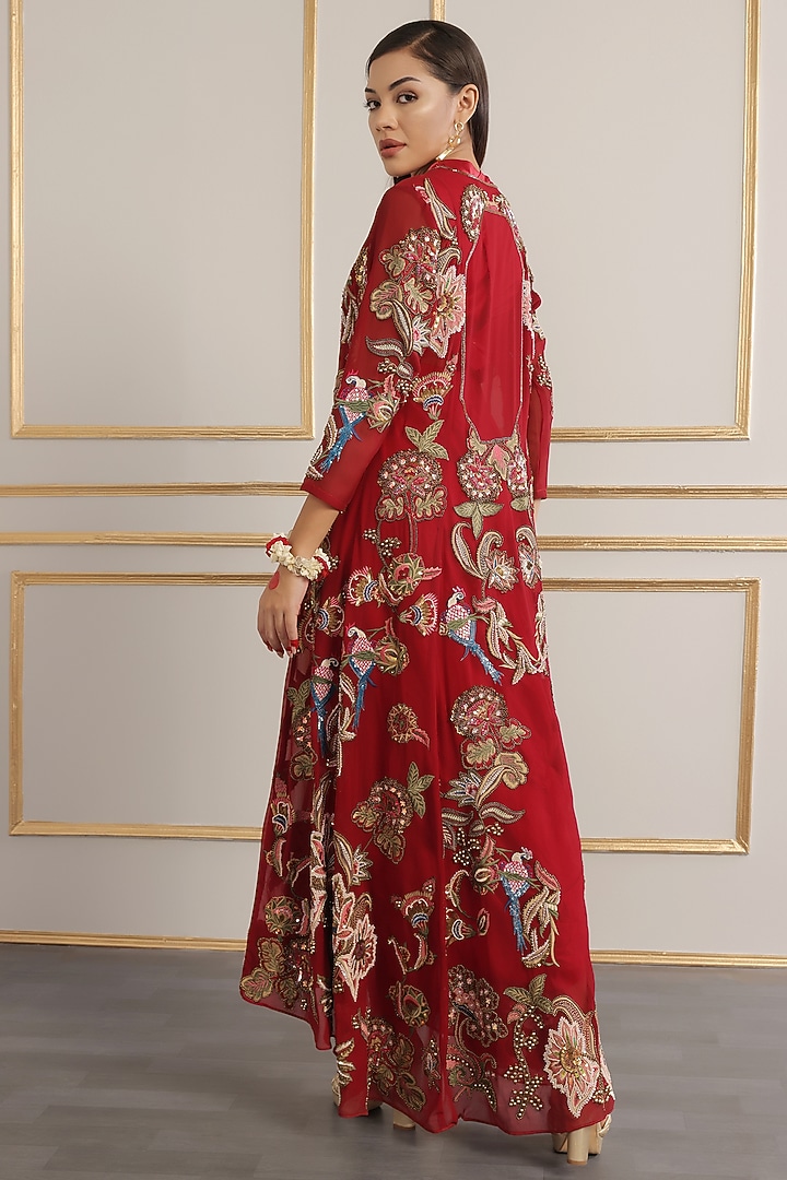 Red Georgette Floral Embroidered Kalidar Jacket Set by World Of Folklore at Pernia's Pop Up Shop