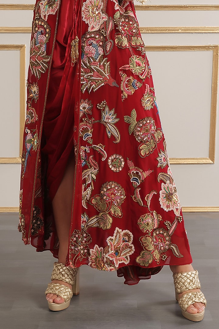 Red Georgette Floral Embroidered Kalidar Jacket Set by World Of Folklore at Pernia's Pop Up Shop