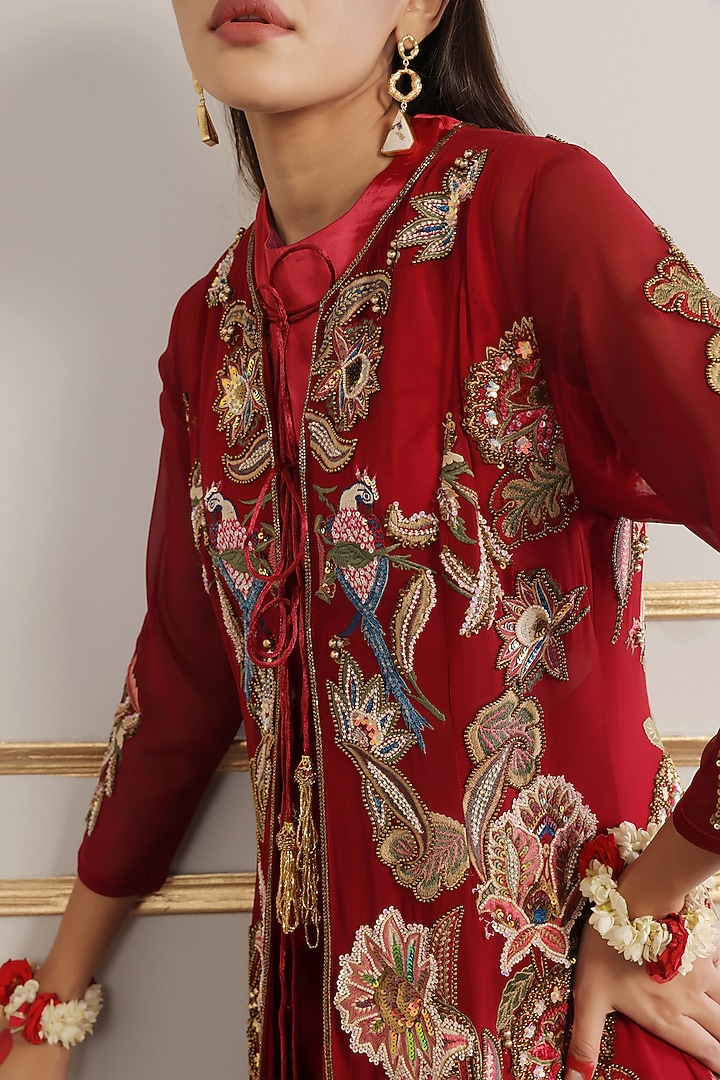 Red Georgette Floral Embroidered Kalidar Jacket Set by World Of Folklore at Pernia's Pop Up Shop