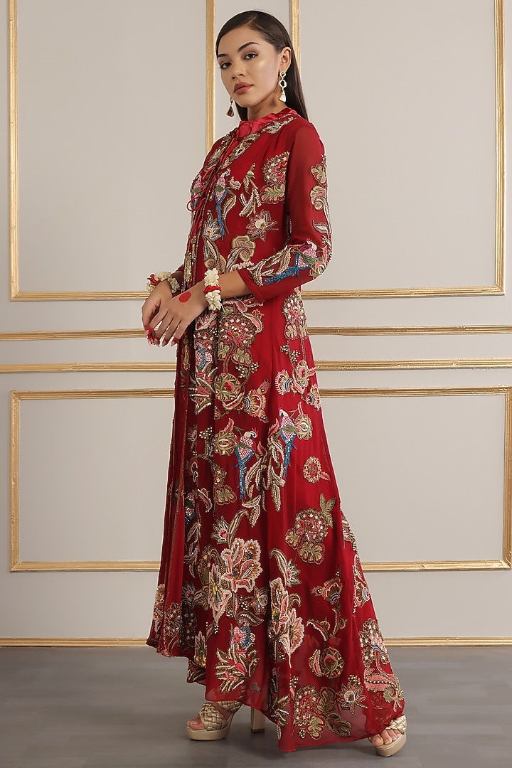 Red Georgette Floral Embroidered Kalidar Jacket Set by World Of Folklore at Pernia's Pop Up Shop