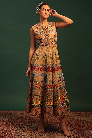 Beige Shimmer Organdy Thread Embroidered Gown by World Of Folklore