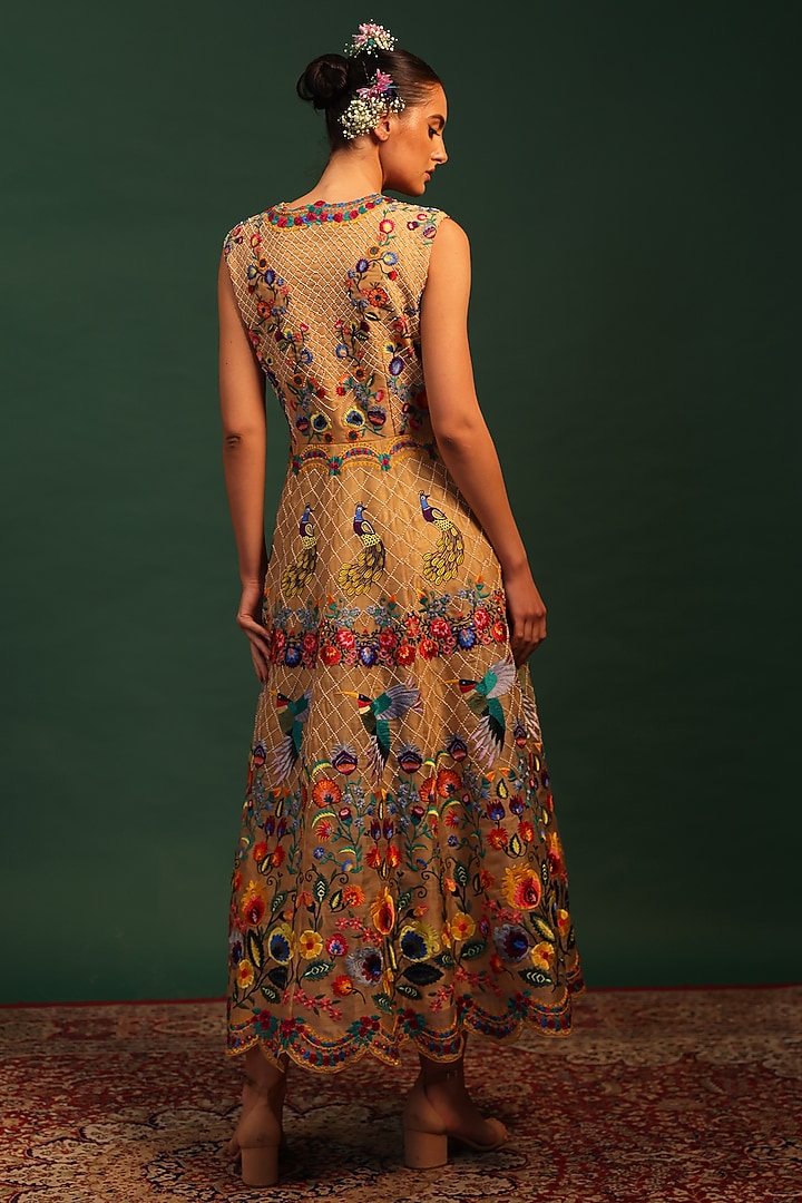 Beige Shimmer Organdy Thread Embroidered Engagement Gown by World Of Folklore at Pernia's Pop Up Shop