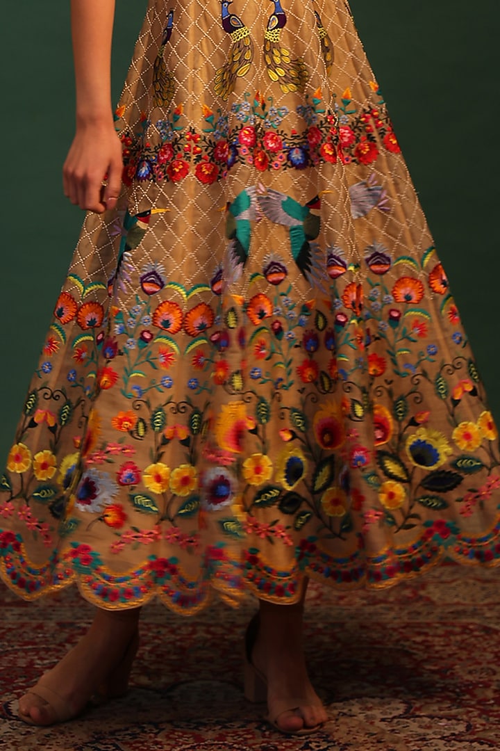 Beige Shimmer Organdy Thread Embroidered Engagement Gown by World Of Folklore at Pernia's Pop Up Shop