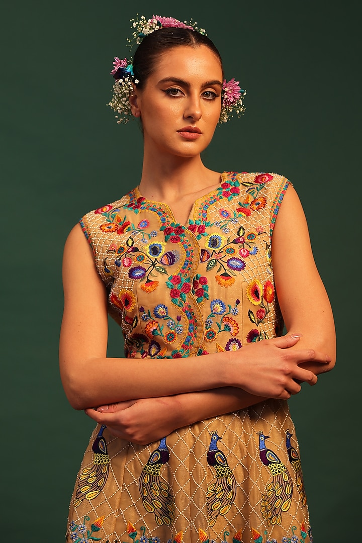Beige Shimmer Organdy Thread Embroidered Engagement Gown by World Of Folklore at Pernia's Pop Up Shop