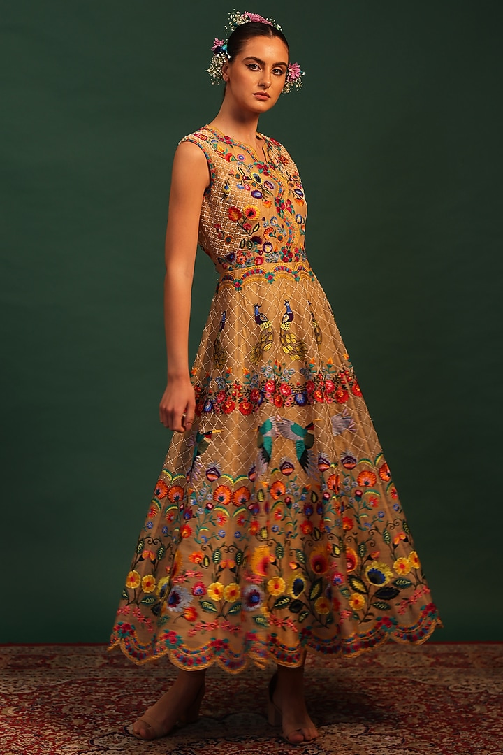 Beige Shimmer Organdy Thread Embroidered Engagement Gown by World Of Folklore at Pernia's Pop Up Shop