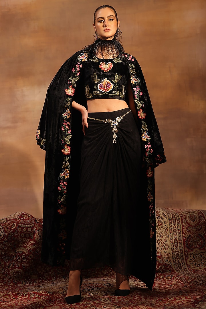 Black Velvet Floral Embroidered Jacket Set by World Of Folklore